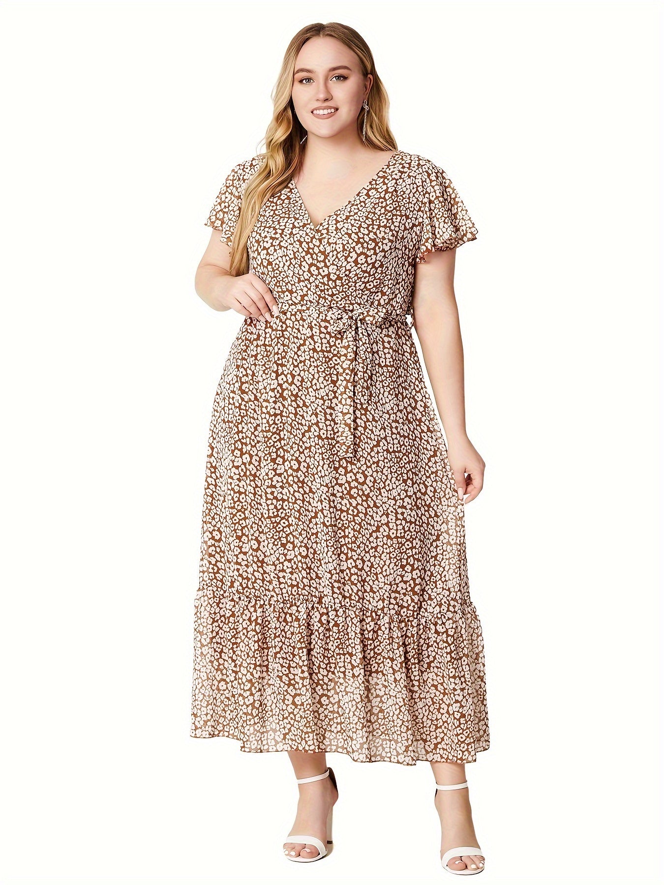 Ditsy Print Flutter Sleeve Maxi Dress With Belt