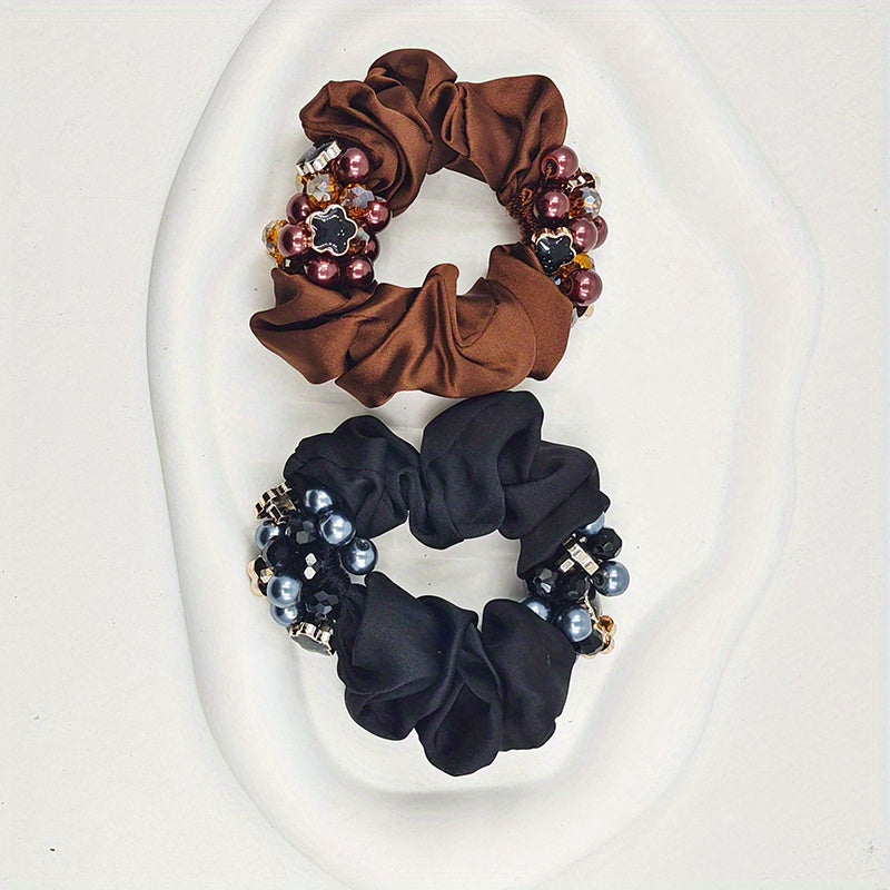 Faux Pearl Double Beaded Scrunchies Hair Tie Hair Rope Satin Ponytail