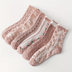 6 Pairs Floral Print Socks Sweet & 3D Textured Mid Tube Socks Women's Stockings