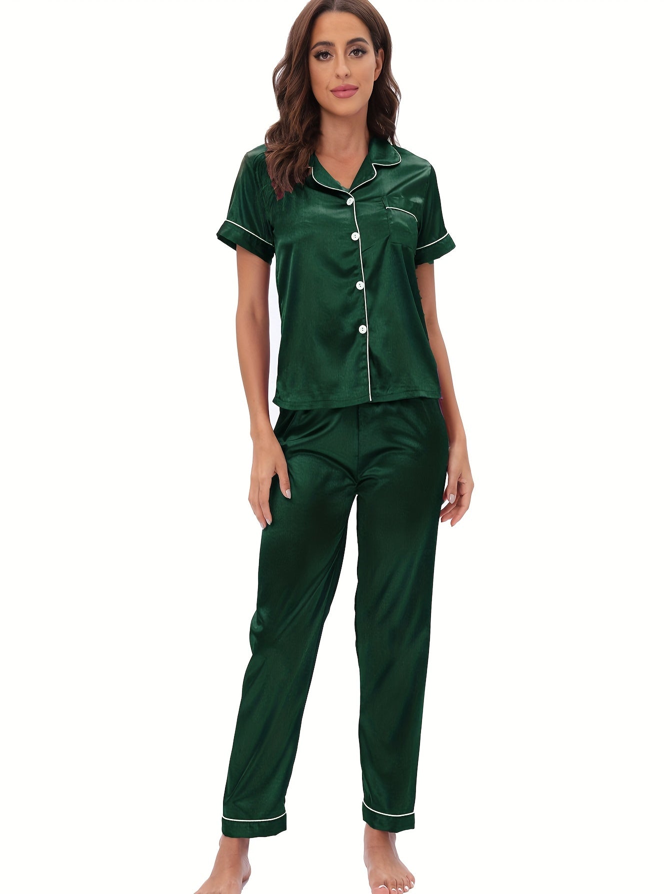 Satin Pajama Set Short Sleeve & Elastic Waistband Pants Women's Sleepwear