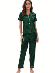 Satin Pajama Set Short Sleeve & Elastic Waistband Pants Women's Sleepwear