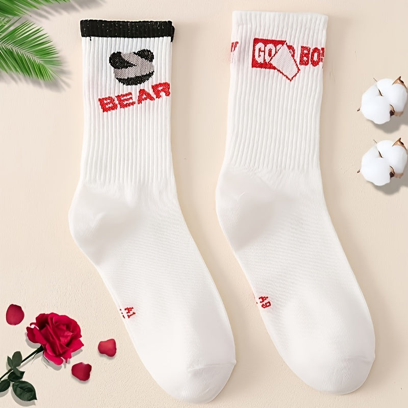 2 Pairs Letter Print Socks Soft & Breathable Mid Tube Stockings