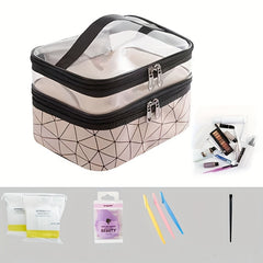 Double Layer Clear Geometric Stripes Handheld Cosmetic Bag