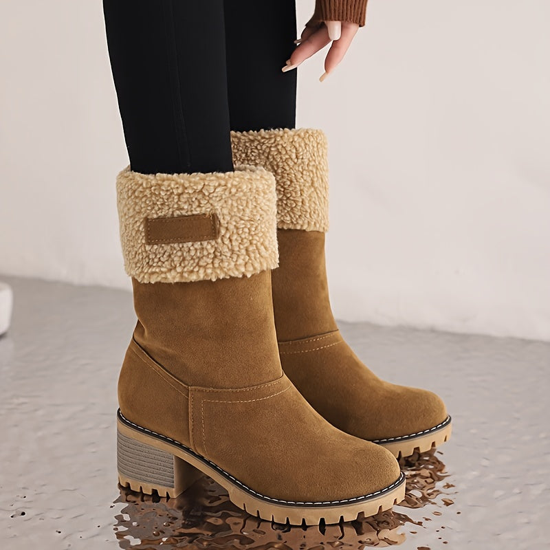 Women's Stacked Heel Mid Calf Snow Boots Plush Winter Slip On