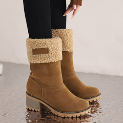 Women's Stacked Heel Mid Calf Snow Boots Plush Winter Slip On