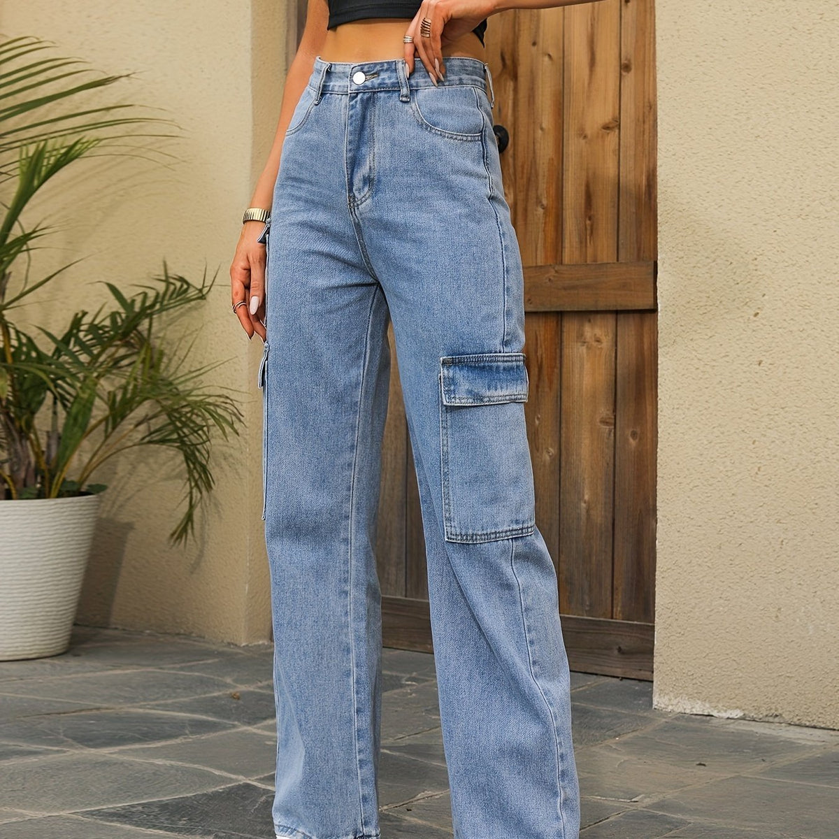 Cargo Pockets High Waist Denim Pants High Rise Jeans