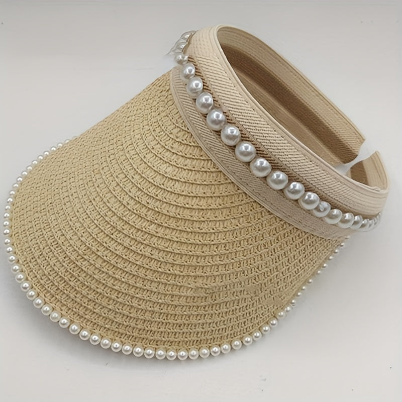 Faux Pearl Decor Visor Hat Beige Straw Hat Outdoor UV Protection Sun Hat