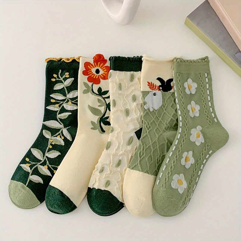 5 Pairs Floral Print Socks Sweet Women's Stockings