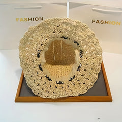 Boho Hollow Out Crochet Straw Sun Hat with Bowknot