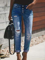 Women's Ripped Stretchy Button Fly Pocket Slim Fit Jeans