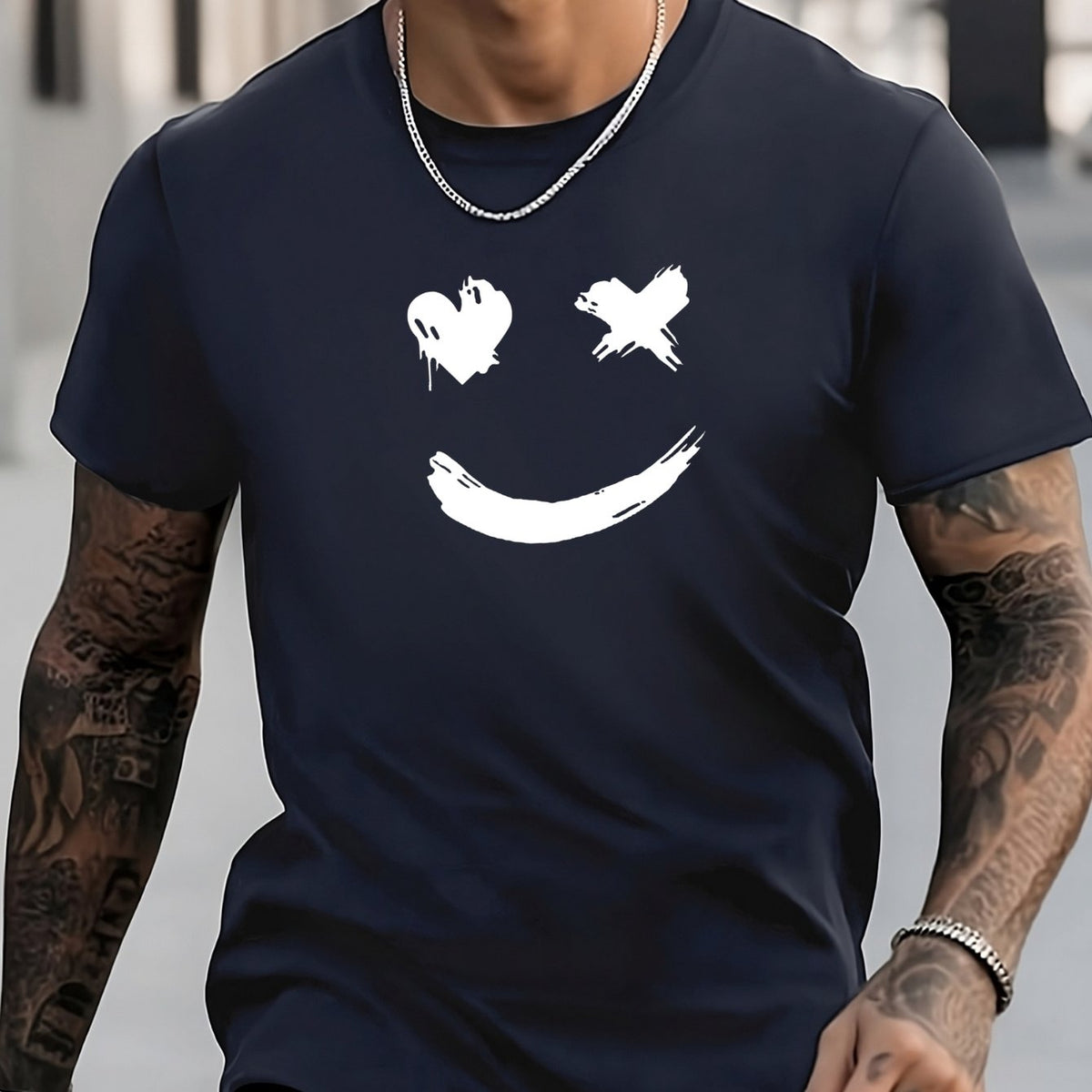 Smile Face Print Men's T-shirt for Summer Outdoor