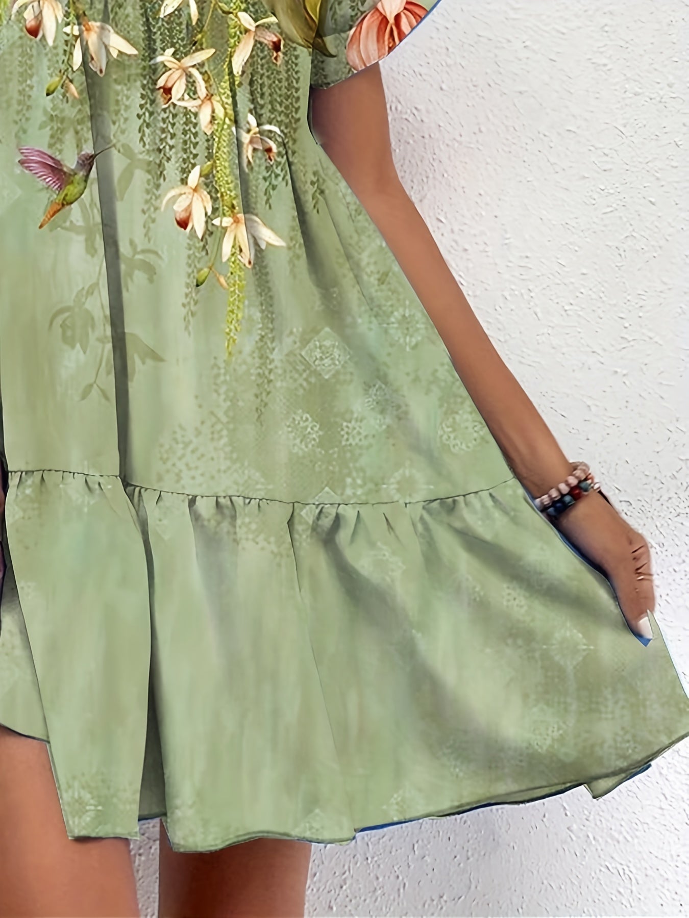  Floral Print V-Neck Ruffle Trim Dress