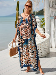  Leopard & Floral Print V Neck Maxi Cover Up Dress