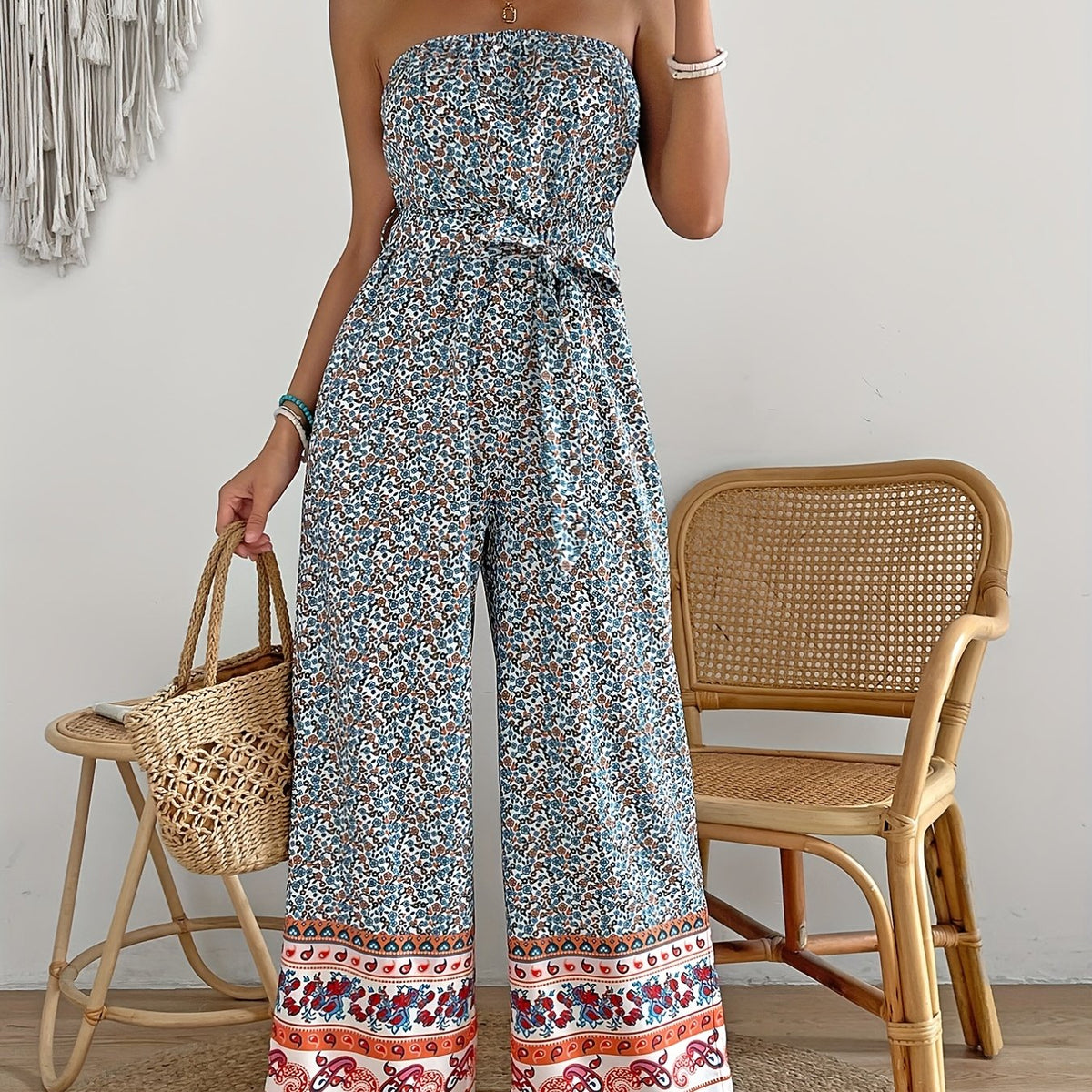 Boho Wide Leg Jumpsuit Sleeveless Tie Waist Tube Jumpsuit