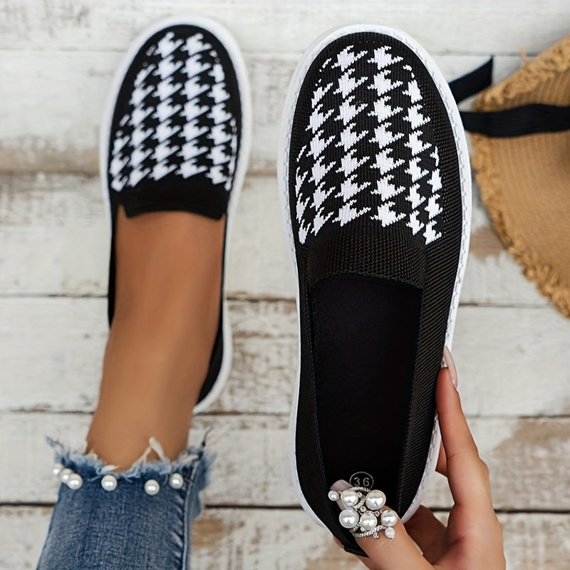 Women's Houndstooth Mesh Slip On Low Round Toe Non slip Soft Shoes