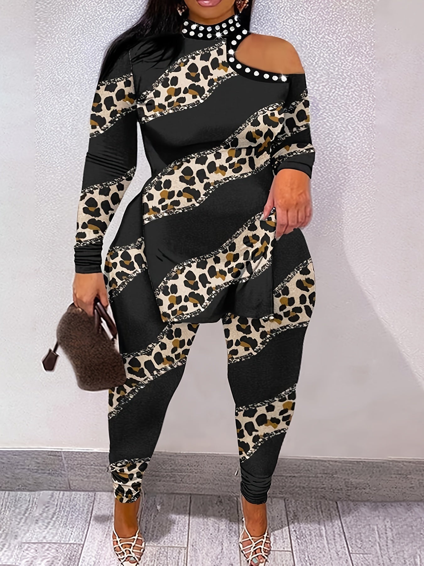 Women's Plus Fluid Print One Shoulder Top & Pants Outfit Set