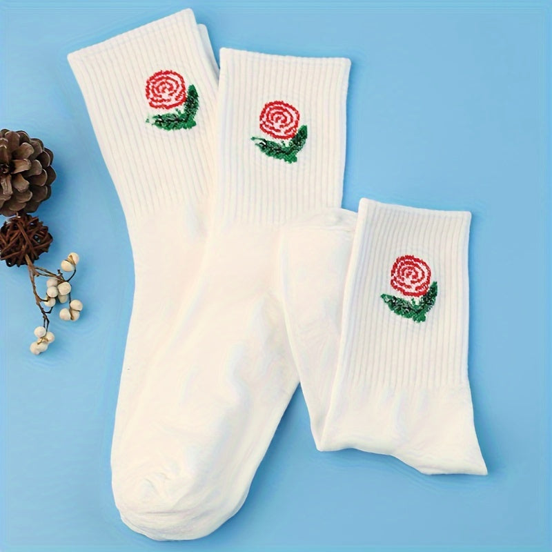 3 Pairs Floral Print Socks Comfy & Breathable Mid Tube Socks Women's Stockings