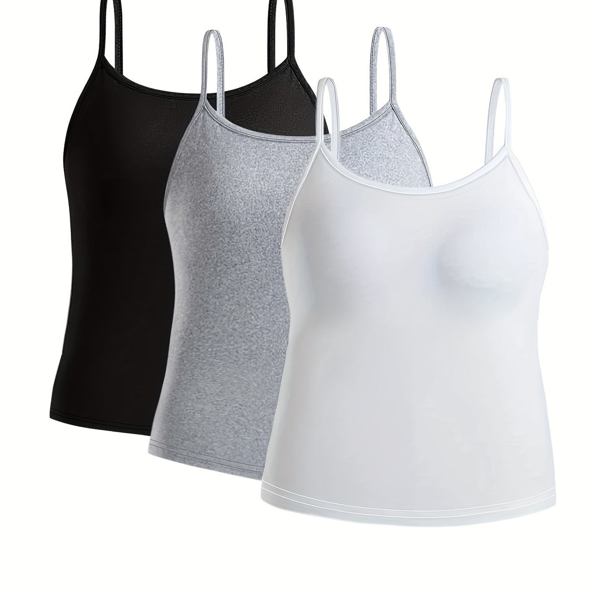 3 Pack Plus Size Sexy Cami Top Set Women's Plus Solid Round Neck Medium Stretch