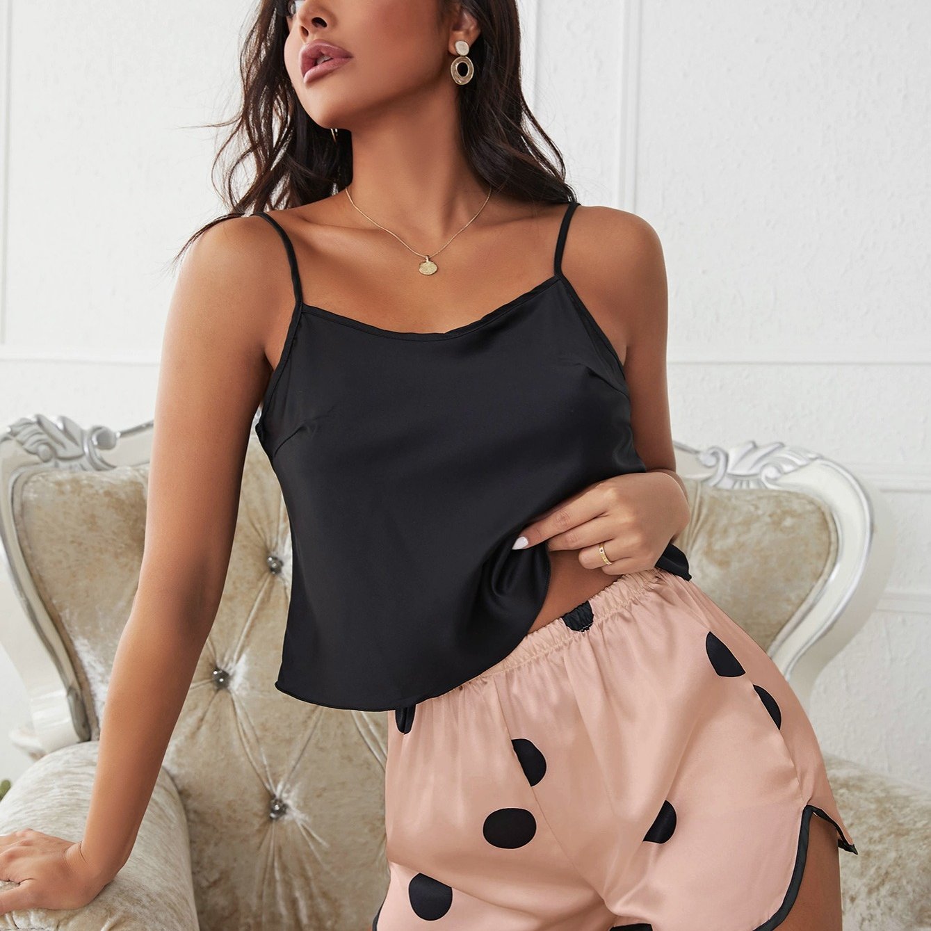 Women's Satin Pajama Set: Solid Cami Tops & Polka Dot Print Shorts