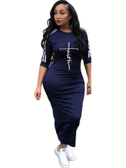 Plus Letter & Stripe Half Sleeve Maxi Dress