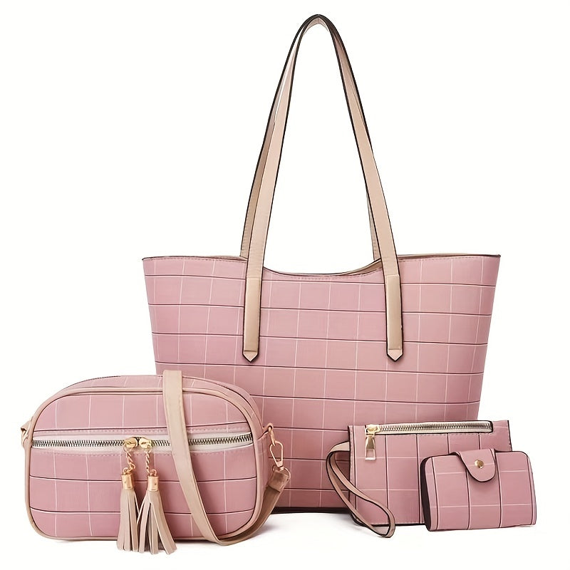 4Pcs Grid Pattern Tote Bag Set with Tassel Crossbody Bag