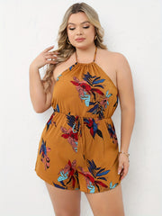  Leaf Print Halter Neck Backless Drawstring Romper