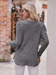  Casual Sweater Solid Ribbed Lantern Sleeve Round Neck Knit Top