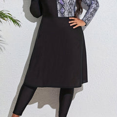 Colorblock Snake Print Long Sleeve Round Neck Stretch Dress