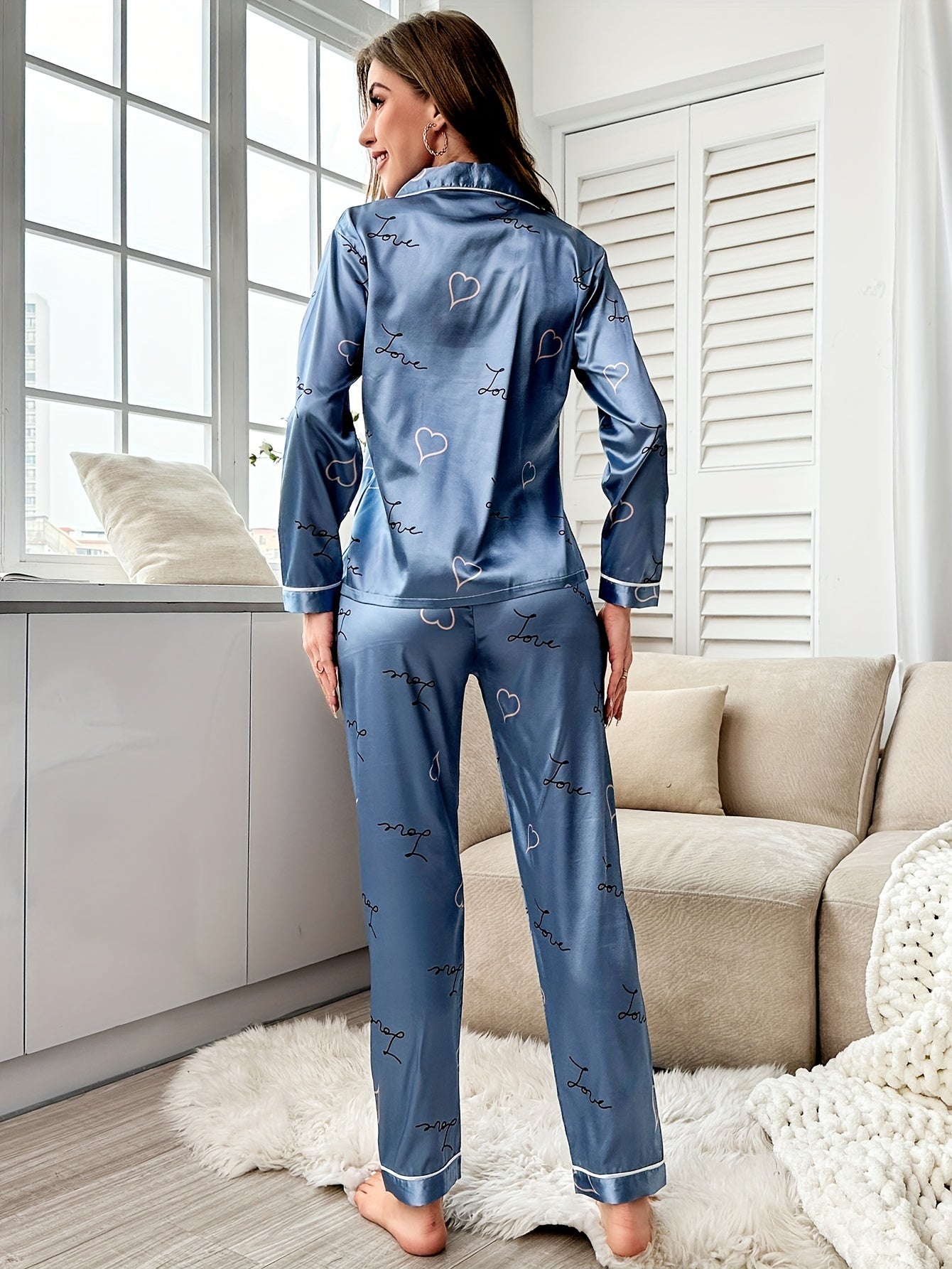 Letter & Heart Print Pajama Set Satin Long Sleeve Button Up Top & Pants