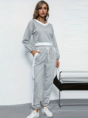 Colorblock Long Sleeve V Neck Crop Top & Joggers Set
