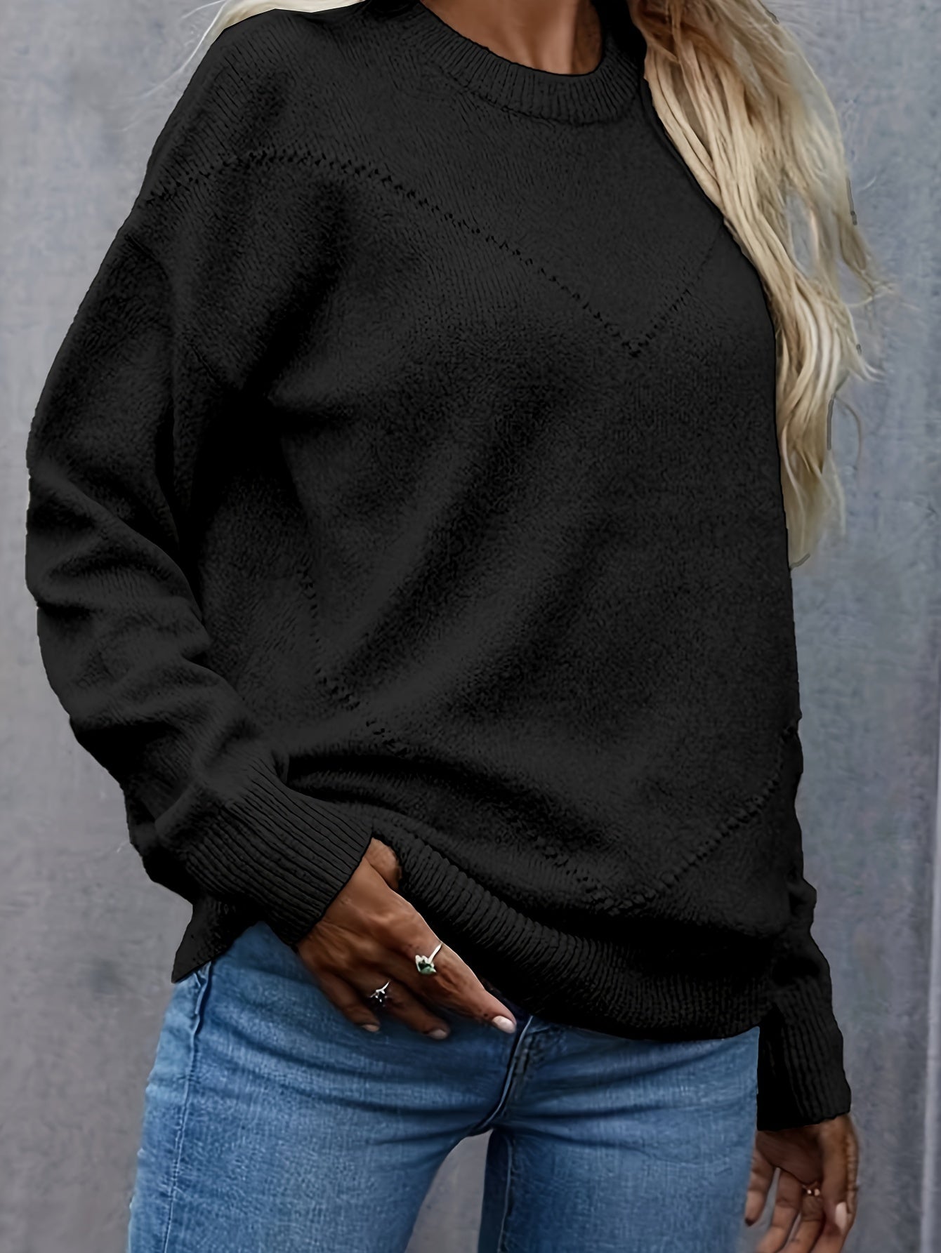  Casual Sweater Women's Plus Solid Jacquard Long Sleeve Round Neck
