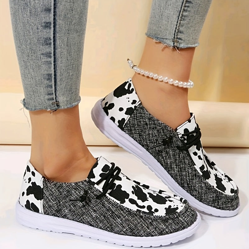 Cow Print Flat Loafers Slip On Canvas Shoes Round Toe Low Top