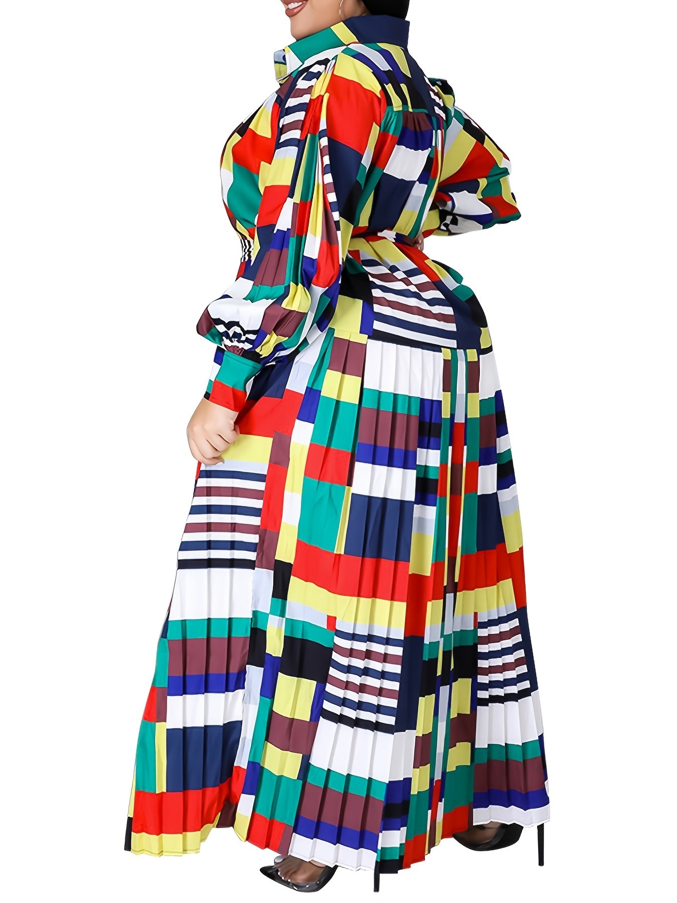  Colorblock Lantern Sleeve Maxi Dress