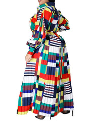  Colorblock Lantern Sleeve Maxi Dress