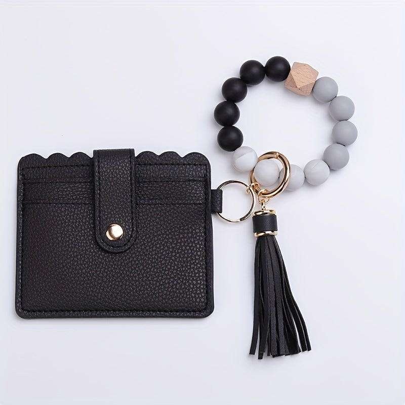 Leopard Print Tassel Wallet Keychain Silicone Beaded Bracelet