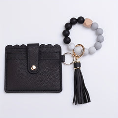 Leopard Print Tassel Wallet Keychain Silicone Beaded Bracelet