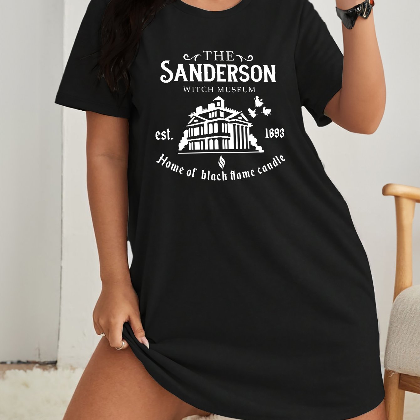  Halloween Loungewear Dress House & Letter Print Round Neck Sleep Dress
