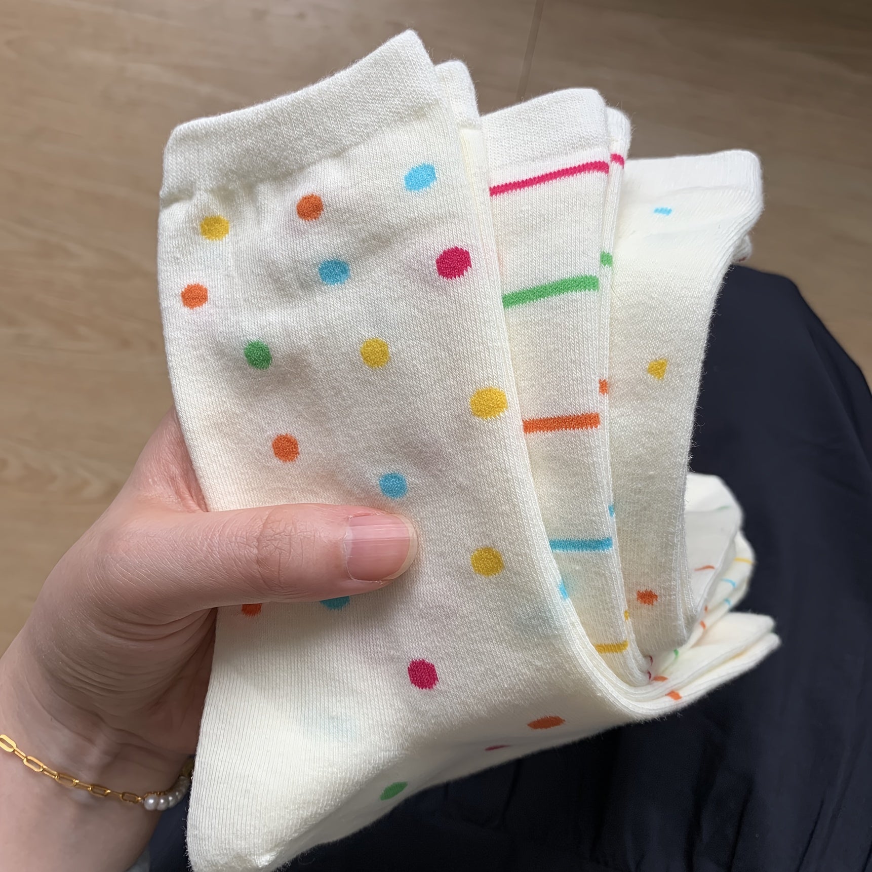 3 Pairs Polka Dot & Stripe Print Socks Soft Mid Tube Women's Stockings