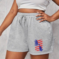 Independence Casual Shorts Women's Plus Flag Print Drawstring Loose Shorts