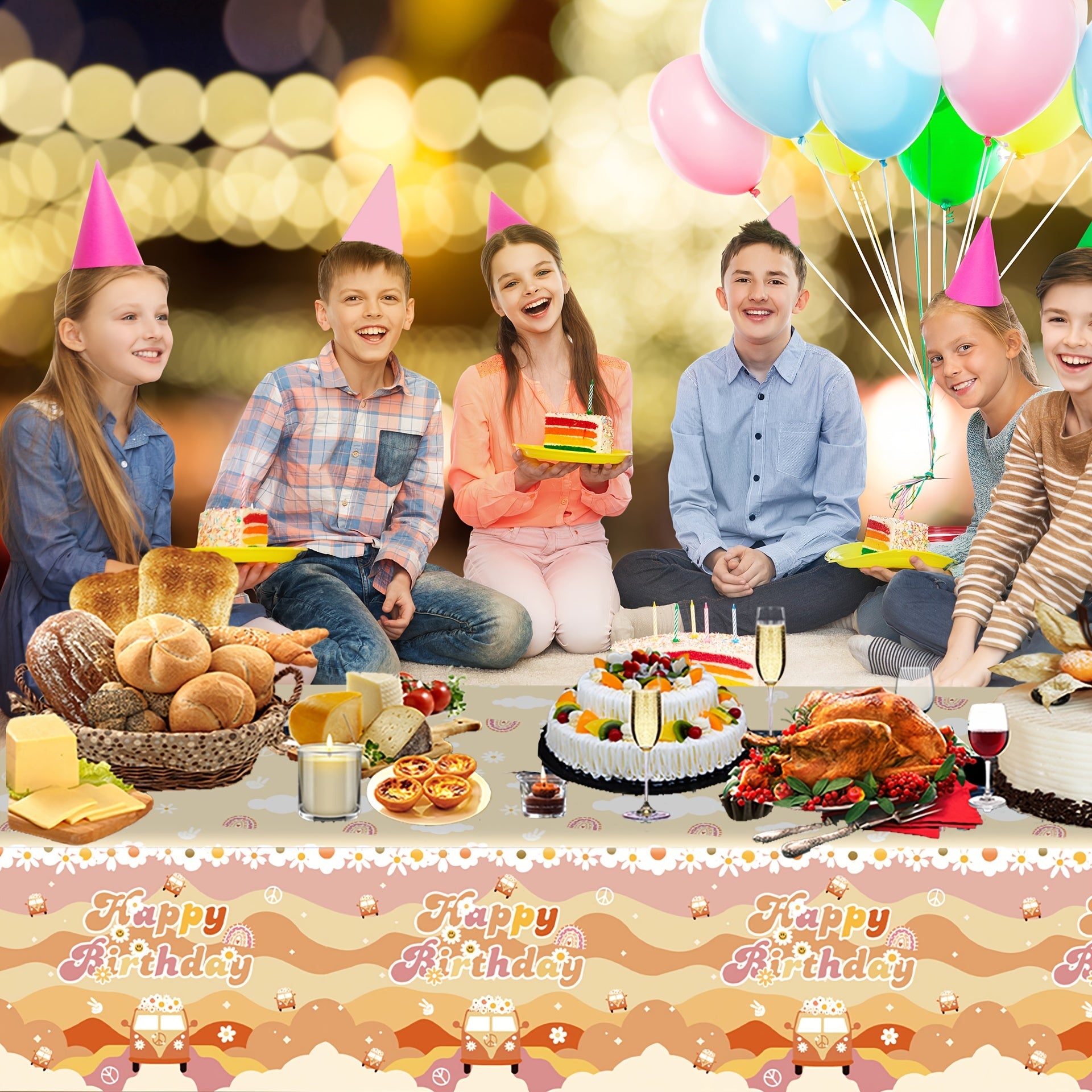Rainbow Birthday Party Tablecloth, Disposable Hippie Bus Decoration
