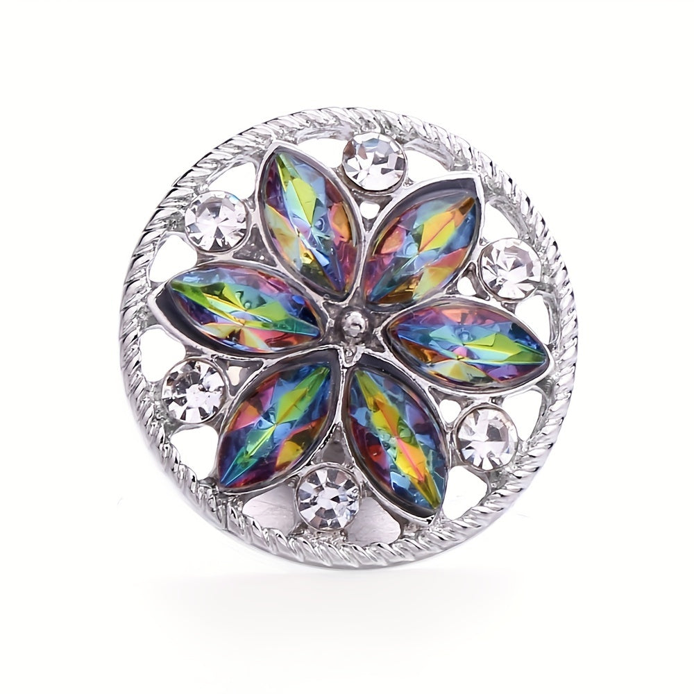 Alloy Flower Decor Round Snap Button with Rhinestones for DIY Jewelry