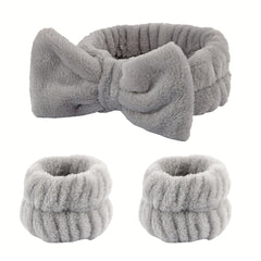 3pcs Plush Bow Knotted Headband Fluffy Hair Band For Skincare
