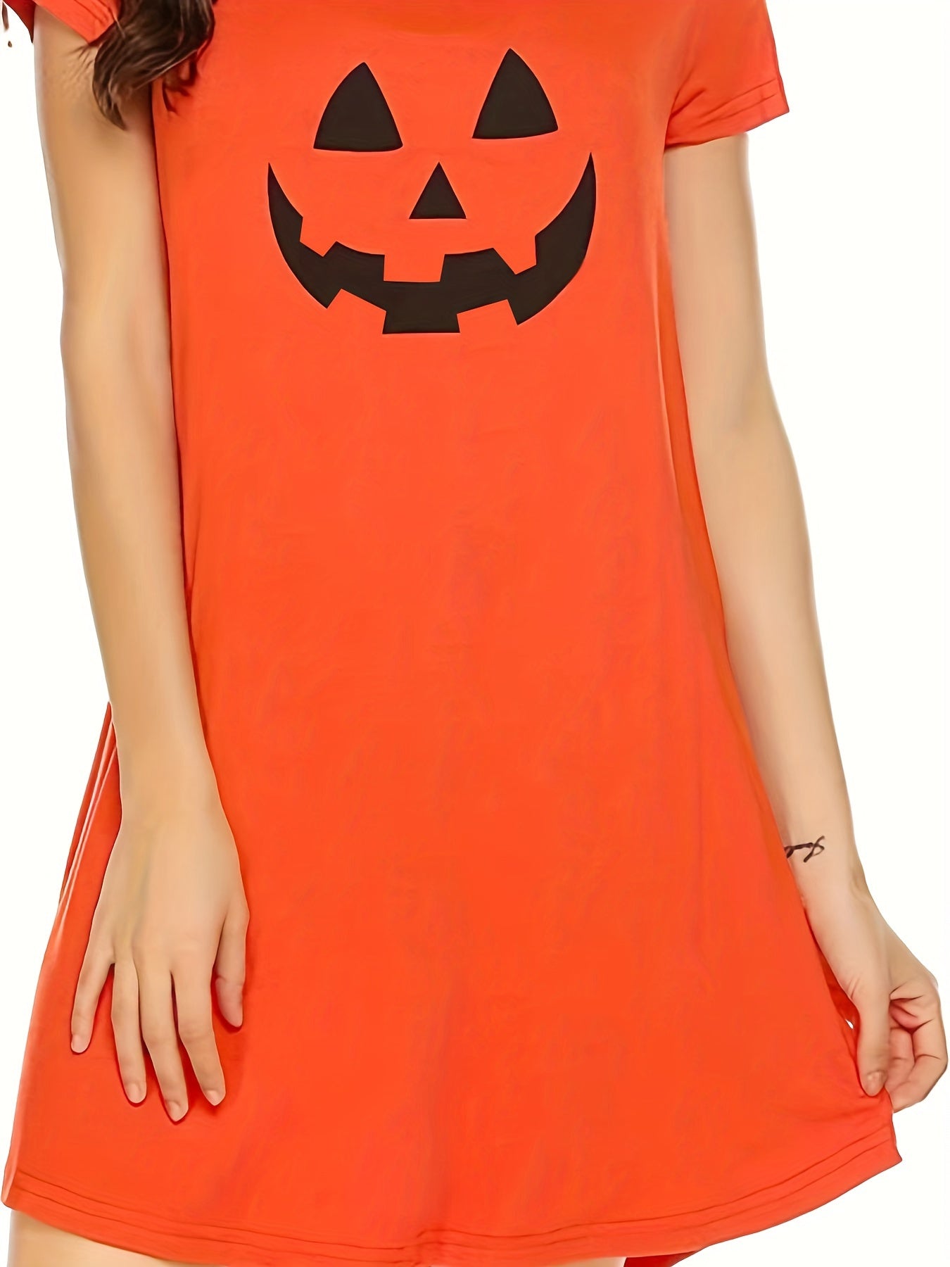  Halloween Pumpkin Face Print Round Neck Tee Sleep Dress