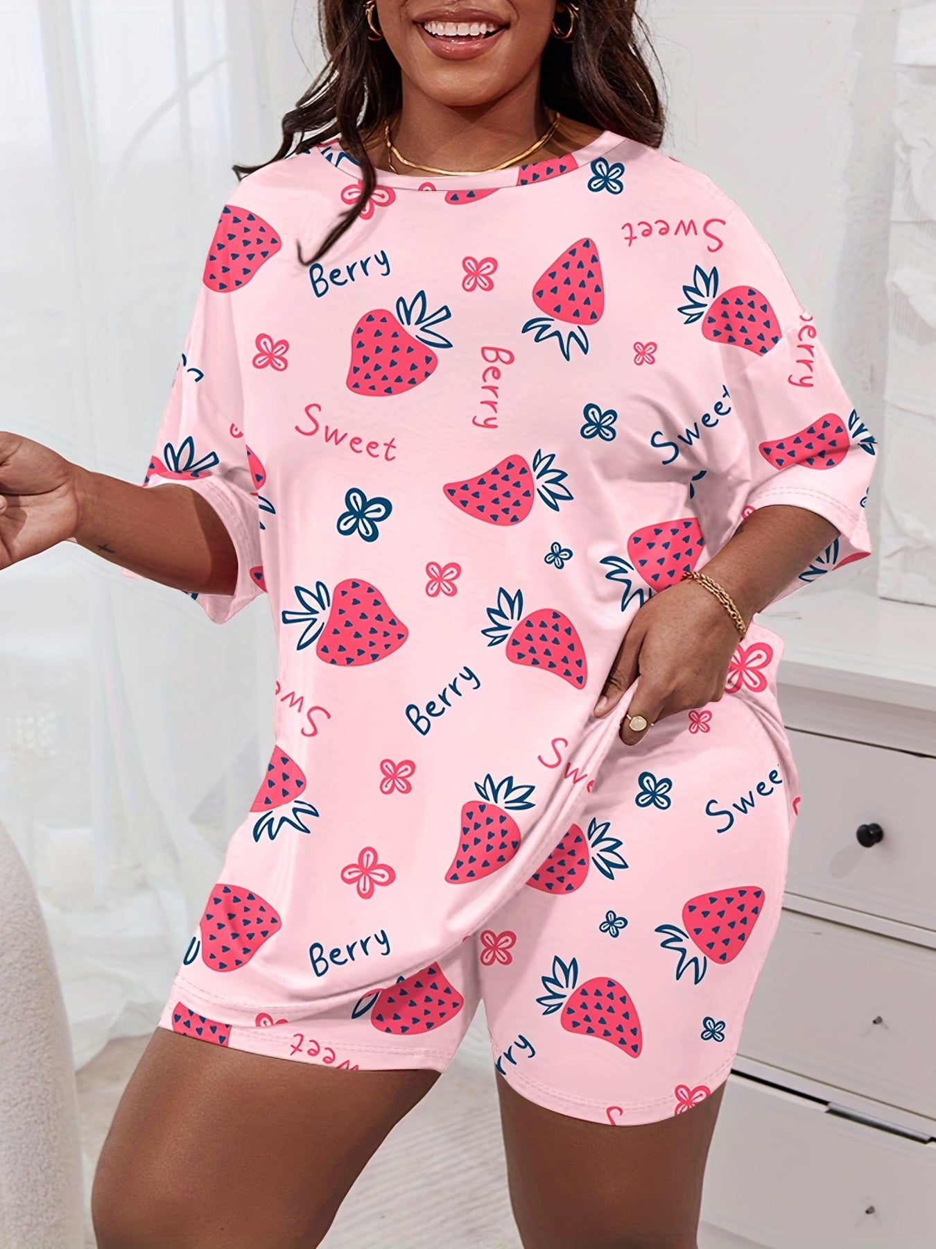  Daisy & Cherry Print Short Sleeve Tee & Shorts Pajama Set