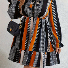  Colorblock Dot Print Button Up Lantern Sleeve Bow Knot Smock Dress