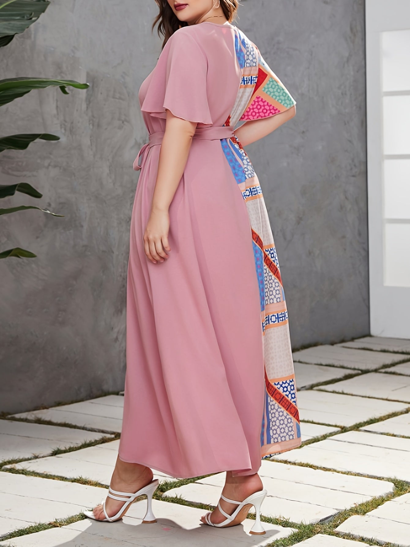  Colorblock Patchwork Print Butterfly Sleeve Round Neck Maxi Dress