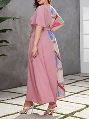  Colorblock Patchwork Print Butterfly Sleeve Round Neck Maxi Dress