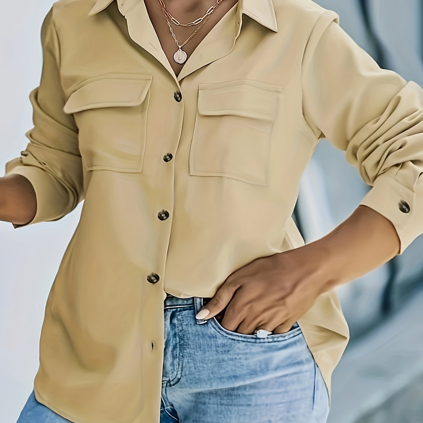  Solid Long Sleeve Button Up Top