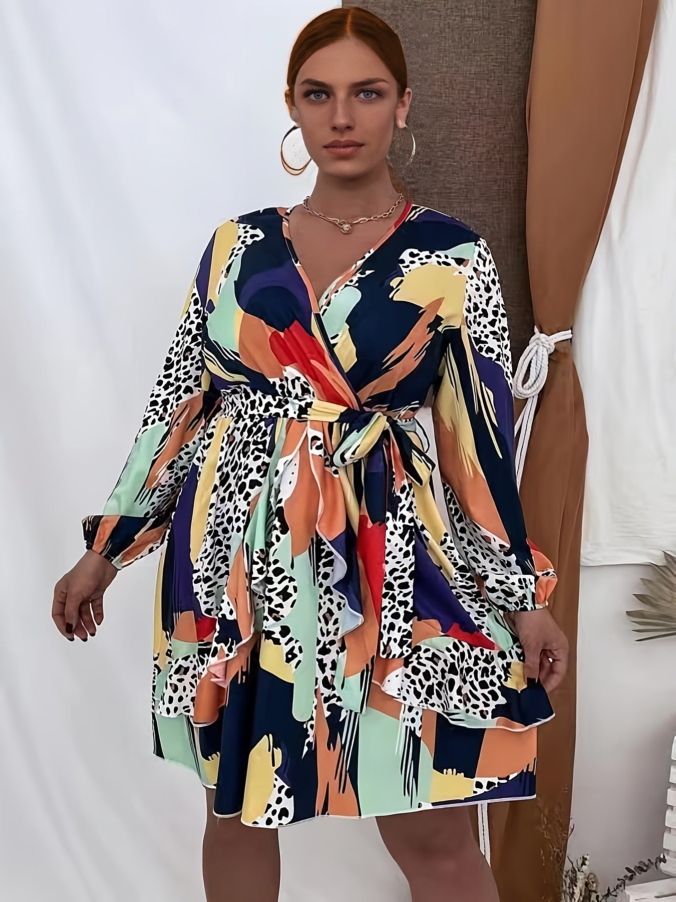  Colorblock Leopard Print Long Sleeve Mini Dress