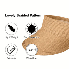 Solid Straw Visor Hat Foldable UV Protection Sun Hat for Women